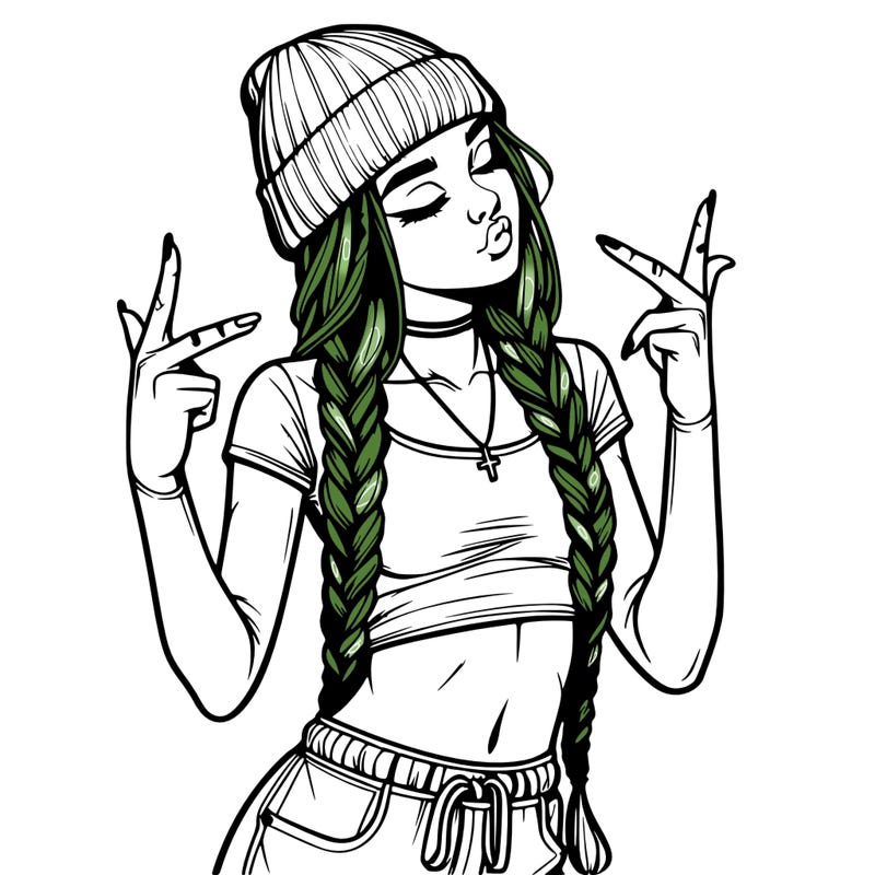 realistic teenage girl with braids and a beanie and crop top doing 🫶🏼