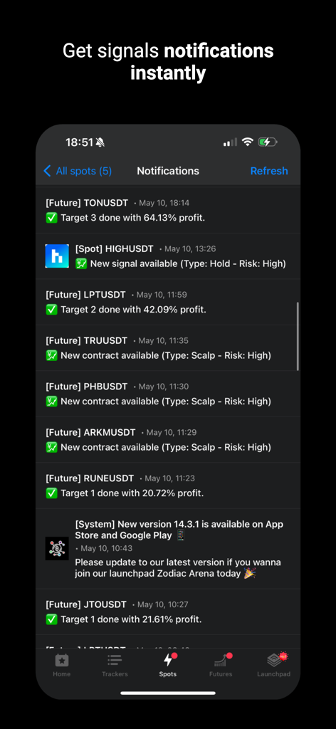 A list of real-time crypto trading signal notifications showing profit targets and trade alerts for spots and futures.