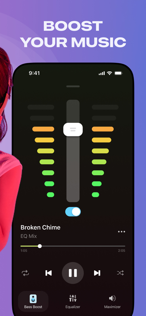 Bass Booster + Sound Equalizer - Interfaccia dell'app Bass Booster con un cursore centrale, barre colorate del livello sonoro e controlli di riproduzione musicale