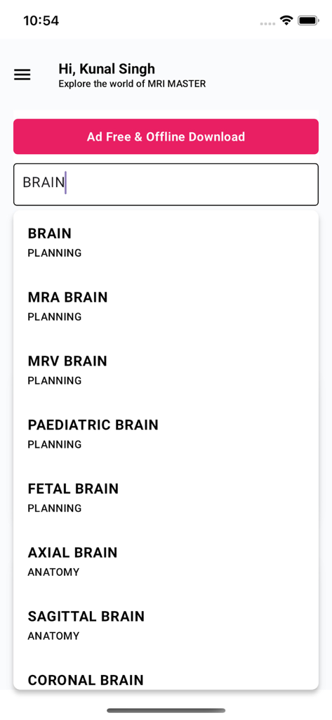 MRI MASTER - Search screen in MRI Master app showing results for brain protocols and anatomy
