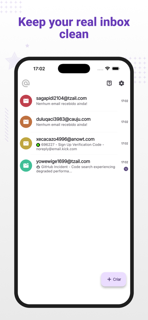 Fake Mail - Temp Mail - Screenshot dell'app Fake Mail che mostra un elenco di indirizzi email temporanei e messaggi ricevuti per mantenere pulita la casella di posta principale.