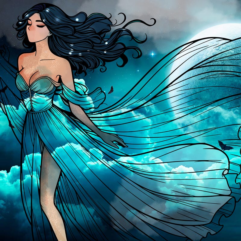 realistic woman in dress flowing the the wind