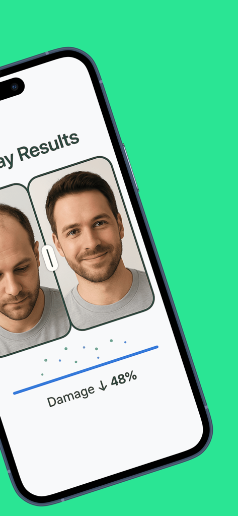 A smartphone screen showing the Hairmony app with a side-by-side before and after comparison of hair health and damage reduction