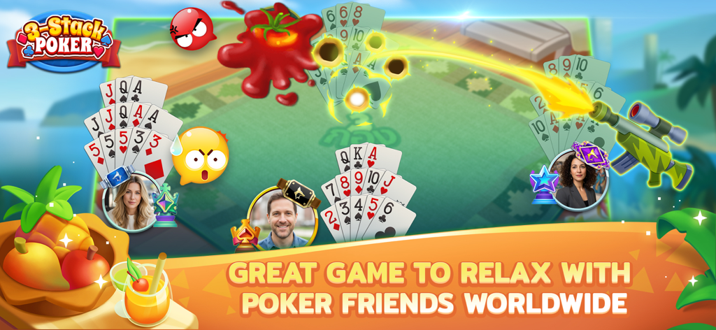 3-Stack Poker ZingPlay Gameplay-Screenshot, der Multiplayer-Kartenaktionen in einer tropischen Umgebung zeigt