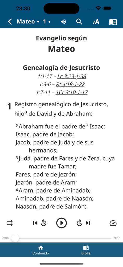 NVI Biblia de Estudio - Interfaz de la aplicación NVI Biblia de Estudio mostrando el capítulo 1 del Evangelio de Mateo y un reproductor de audio