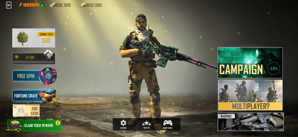 Main menu of WarStrike shooting game featuring a commando character with a sniper rifle