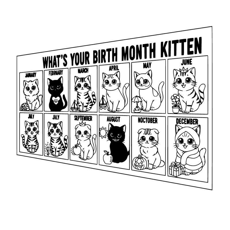 i wanna make a chart of what’s your birth month kitten and i want the kittens to look super cute and i just want the kittens to not be wearing anything and i want them each to have a special little toy next to them and i don’t want it to be a circle shape. i want it to be a.