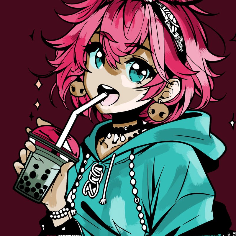 hot baddie anime girl drinking boba and biting the straw