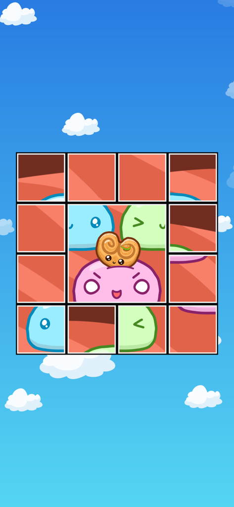 Food Sort - Puzzle Game - A grid puzzle with scrambled cute cartoon food characters against a blue sky background