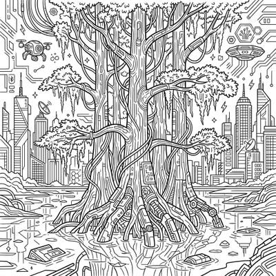 Unleash your creativity with this extraordinary coloring page, merging the serene beauty of cypress swamps with the edgy, high-tech world of cyberpunk. Discover intricate details like robotic roots, neon-like circuits, and futuristic urban landscapes waiting for your unique color palette.