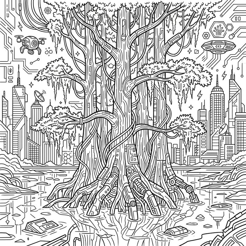Unleash your creativity with this extraordinary coloring page, merging the serene beauty of cypress swamps with the edgy, high-tech world of cyberpunk. Discover intricate details like robotic roots, neon-like circuits, and futuristic urban landscapes waiting for your unique color palette.