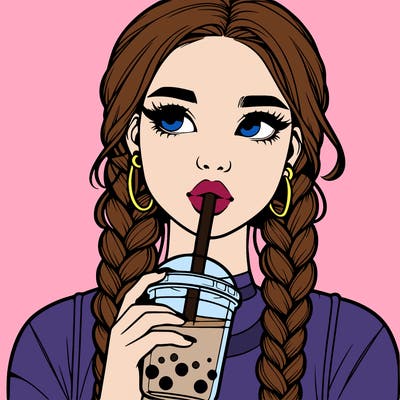 realistic girl with braided hair drinking boba