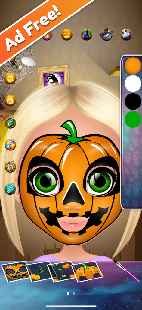 Halloween Face Paint Salon - ハロウィーンフェイスペイントサロンのモバイルゲームで、カボチャのフェイスペイントとメイクアップツールを使った子供キャラクター