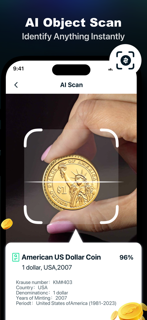 AI Morph & FaceLab - Screenshot of AI Morph app identifying a US dollar coin using its AI object scan feature.