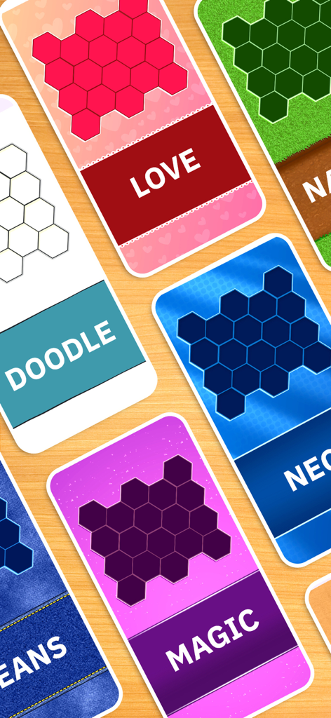 Uma variedade de cartões de tema coloridos para Quebra-Cabeças Hexagonais incluindo categorias como Amor, Rabisco e Magia.