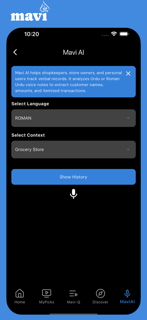 Mavi App - The Mavi AI interface for tracking verbal records through voice notes and language selection.