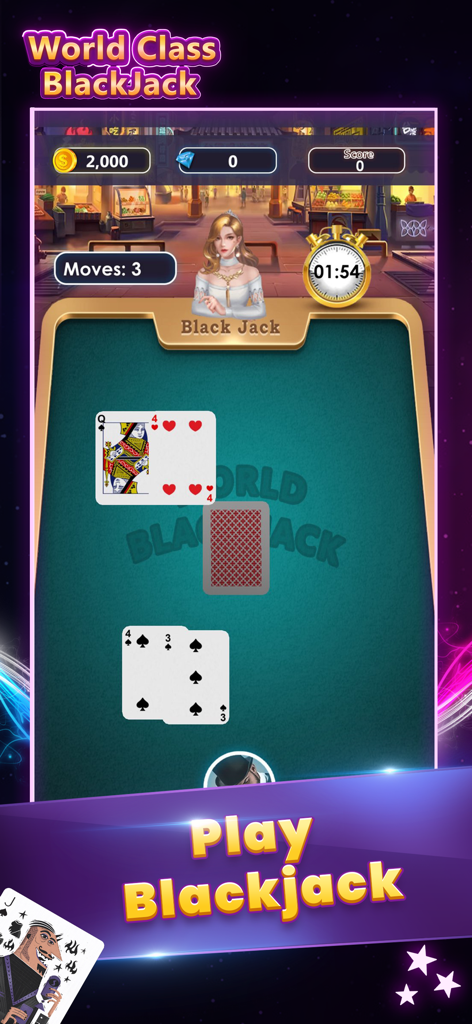 Poker Slots BlackJack 21 - Una pantalla de juego móvil que muestra una partida de Blackjack con cartas del crupier y del jugador sobre una mesa verde.