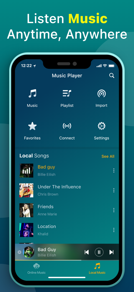 Offline Music Player: Song - Main interface of the Offline Music Player app showing a list of local songs