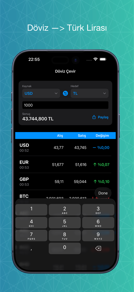 Döviz Çevir - Anlık kur - Currency converter app interface showing USD to Turkish Lira conversion and live exchange rates