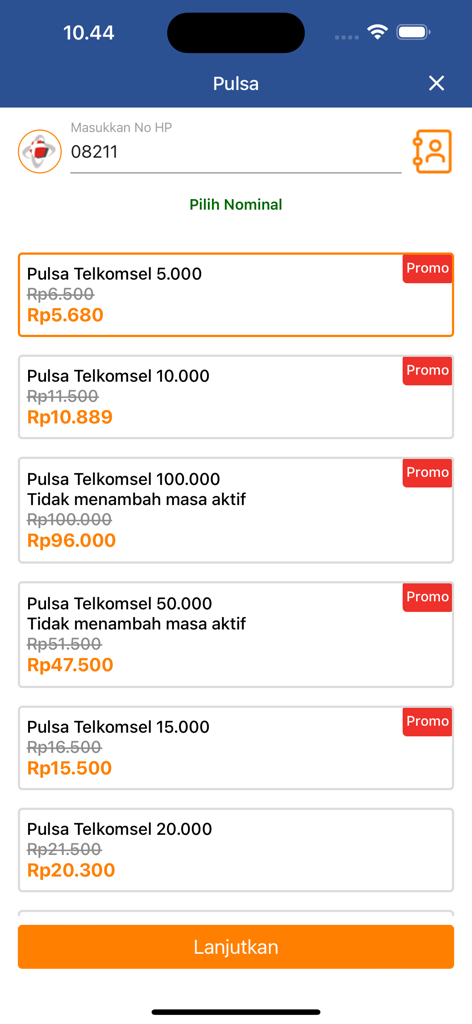 Interface de app móvel para recarga de crédito de telefone Telkomsel com várias opções de desconto.