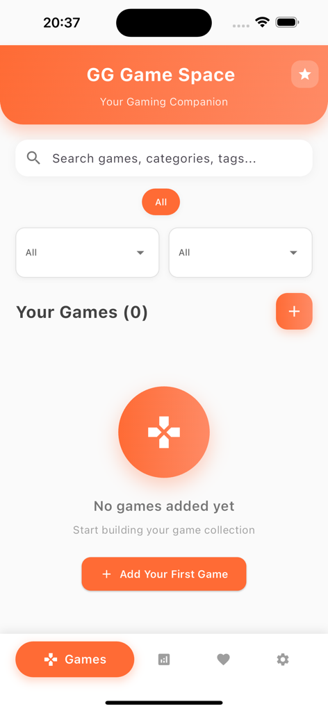 GG Game Space dashboard showing the empty games collection and an add your first game button