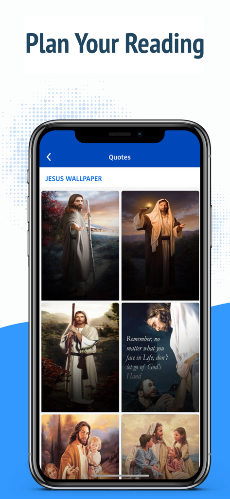NASB Bible - NAS Holy Version - NASB聖書アプリの画面。イエスの壁紙と感動的な宗教的引用のコレクションが表示されています。