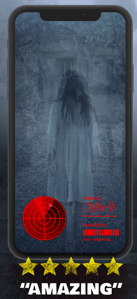 Ghost Detector & Spirit Box - Un smartphone mostrando la interfaz de la aplicación Detector de Fantasmas con una figura fantasmal en pantalla y un radar paranormal rojo