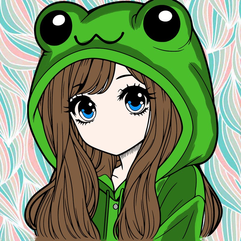 a pretty girl wearing a frog hoodie portrait with long hair