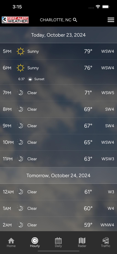 WBTV First Alert Weather - WBTV First Alert Weather app screen displaying hourly forecast for Charlotte North Carolina