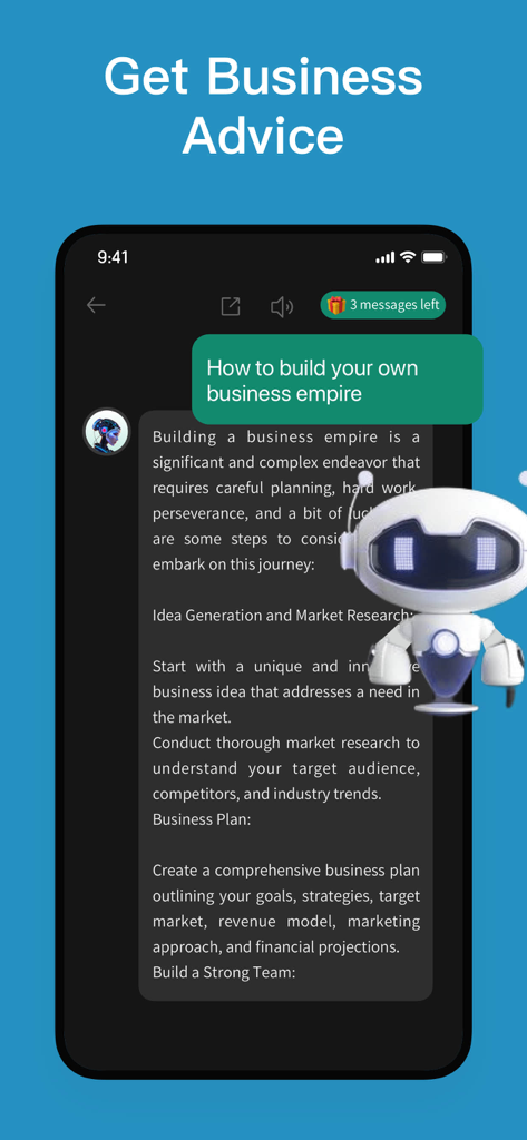 Chatbot -Ask AI Chat Assistant - Asistente de IA proporcionando consejos para construir un imperio empresarial en una pantalla móvil
