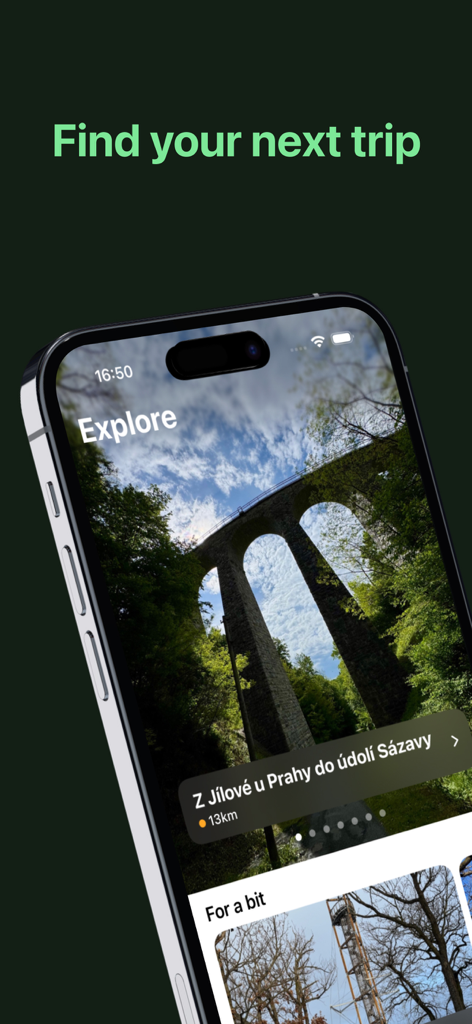 GoOff - iPhone showing the GoOff app explore screen with a featured hiking route in the Czech Republic including a photo of a stone viaduct