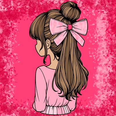 realistic girl  with hip length hair a bun and a big bow on the back of head
