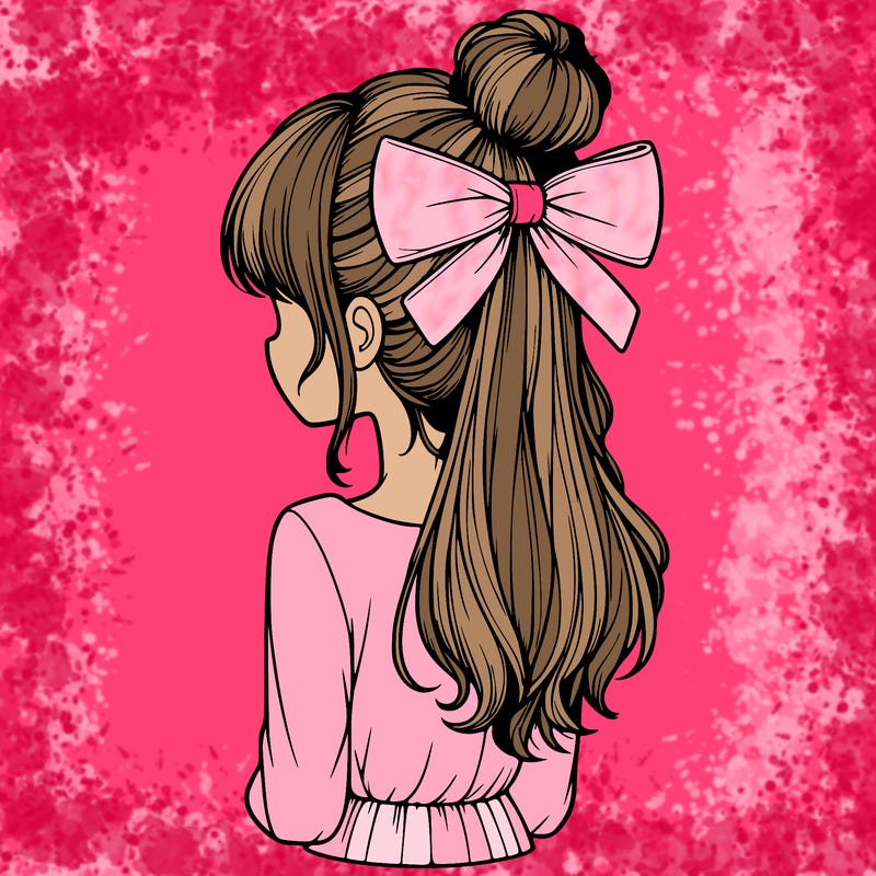 realistic girl  with hip length hair a bun and a big bow on the back of head