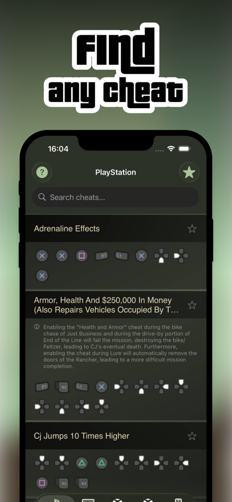 Interfaccia dell'app mobile che mostra i codici cheat di GTA San Andreas per PlayStation con sequenze di pulsanti del controller visive