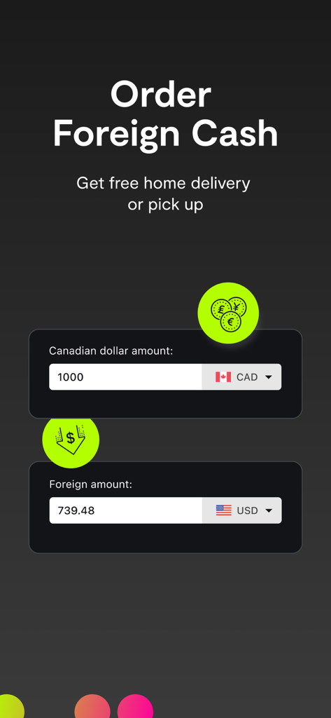 Simplii Financial - Simplii Financial App-Bildschirm mit einer Fremdwährungsumtausch-Oberfläche zur Bargeldbestellung mit CAD-zu-USD-Umrechnung