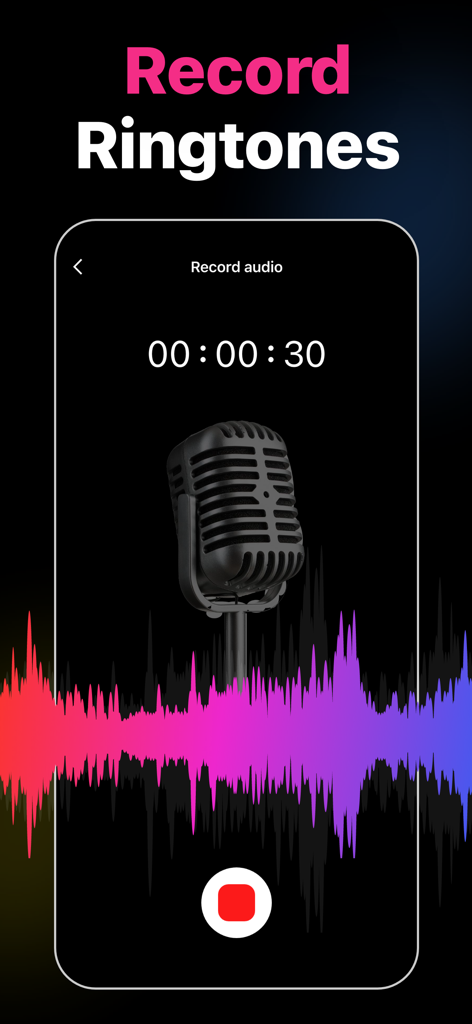 Ringtone Maker Garage app recording screen with a vintage microphone and colorful audio waveform