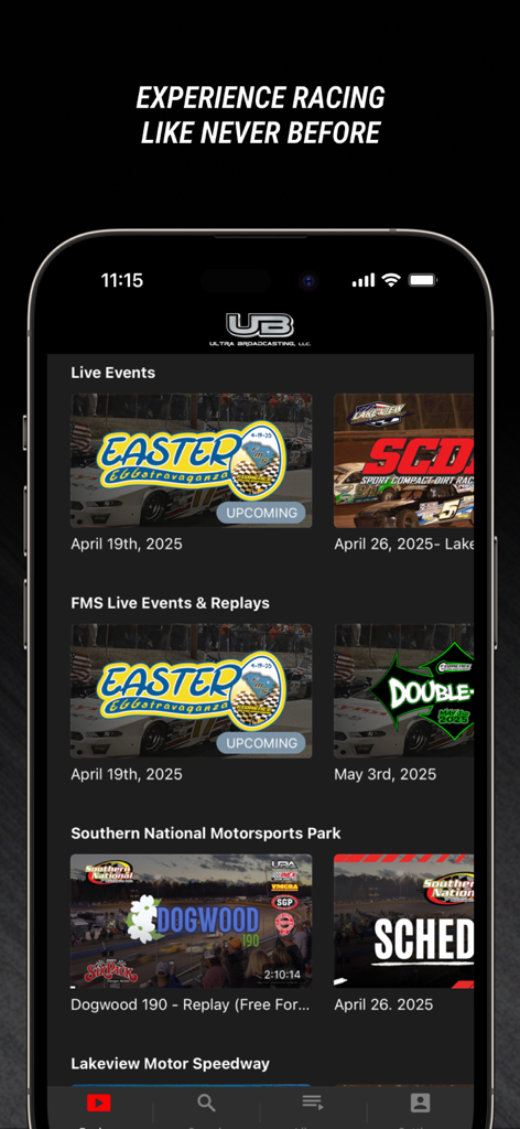 Ultra Broadcasting - Ultra Broadcastingアプリのホーム画面。ライブレースイベントとモータースポーツのリプレイを紹介している。