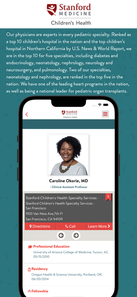 Stanford Children's - Screenshot of a pediatrician profile in the Stanford Children's Health mobile app showing credentials and location details.
