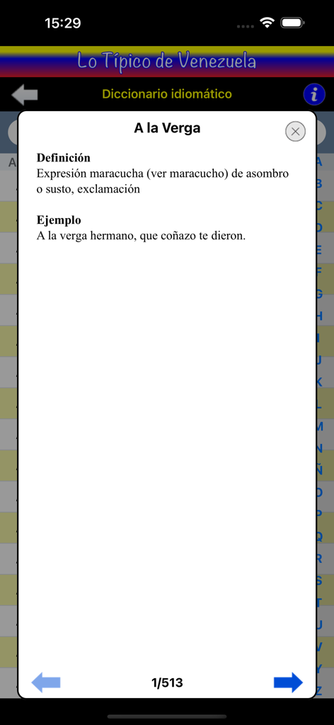 Lo Típico de Venezuela - Venezuelan idiomatic dictionary entry showing the definition of the phrase A la Verga.