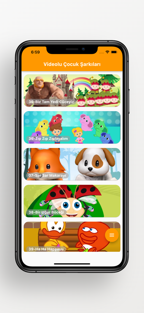 Videolu Çocuk Şarkıları - Mobile Bildschirmansicht einer Liste türkischer Kinderlieder mit animierten Thumbnails.