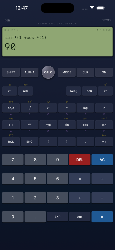 Scientific Engineer Calculator - Interfaccia dell'app Calcolatrice Scientifica per Ingegneri che mostra un calcolo trigonometrico e una tastiera scientifica classica
