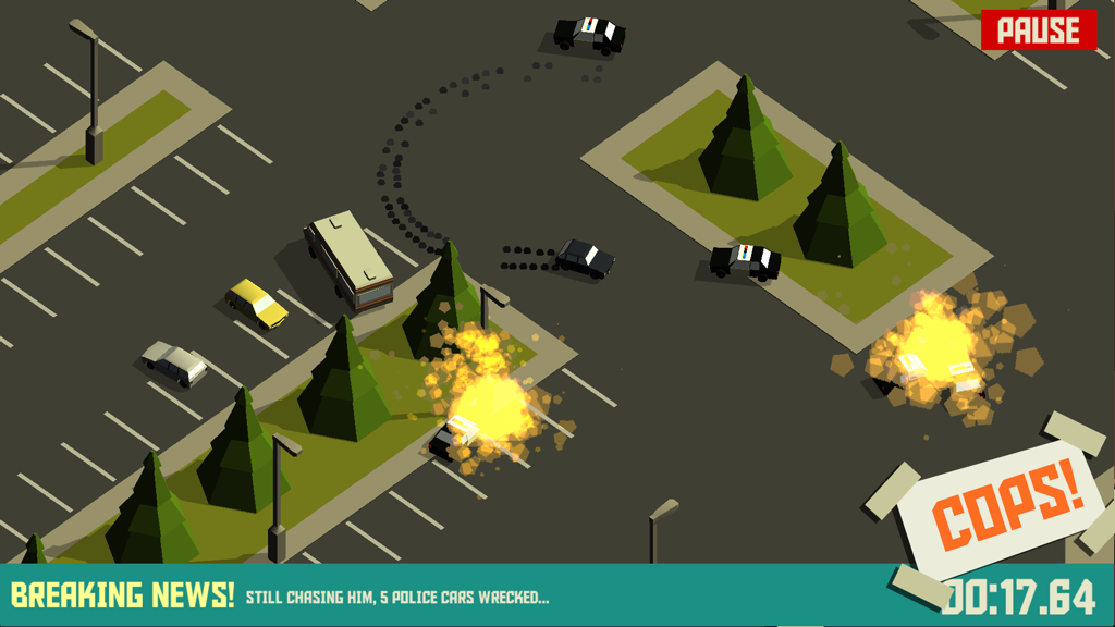 PAKO - Car Chase Simulator - Top down arcade car chase gameplay with explosions and police cars in a parking lot