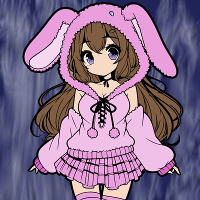 pretty anime girl wearing a fluffy hoodie with bunny ears on the hood and a skirt