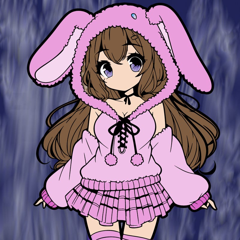 pretty anime girl wearing a fluffy hoodie with bunny ears on the hood and a skirt