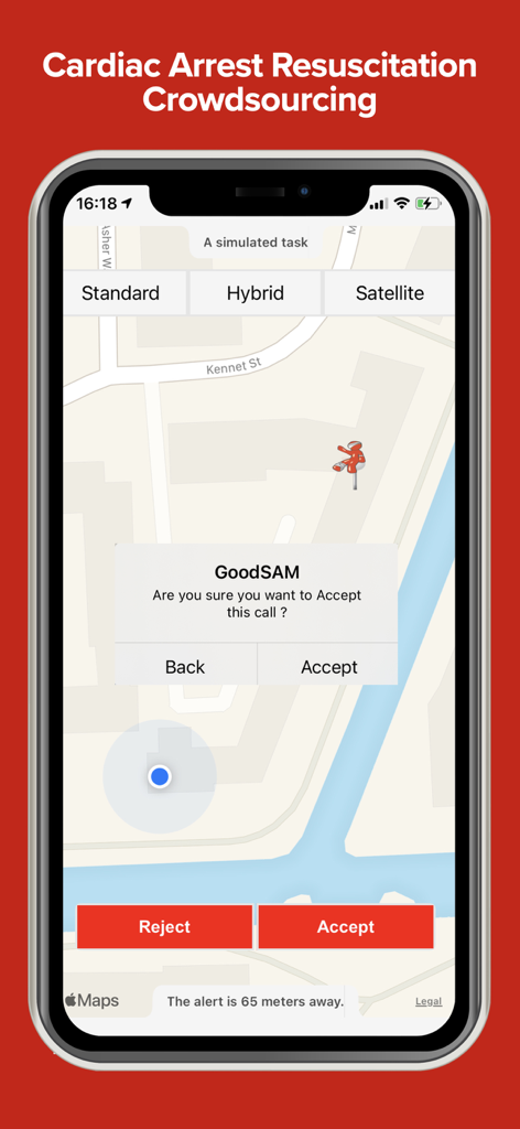 GoodSAM Responder app showing a map and a notification to accept an emergency call for a nearby cardiac arrest