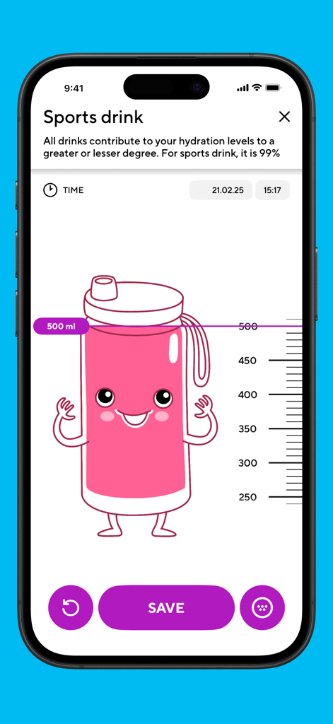 Water Mate app screen for logging a sports drink with a cute pink character.