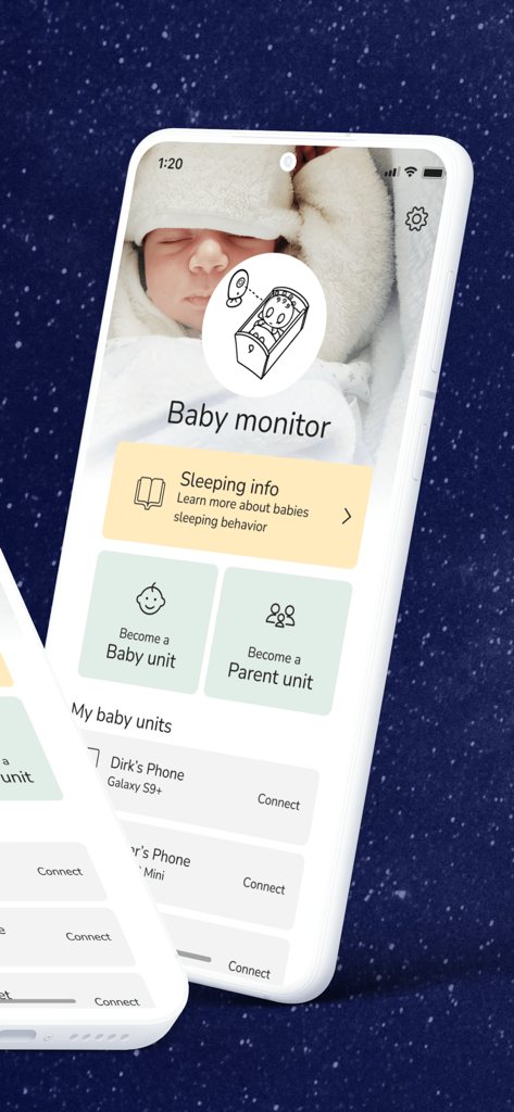 Hauptoberfläche der Wonder Weeks Baby Monitor App mit Optionen zum Verbinden von Geräten und zum Zugriff auf Schlaf-Informationen