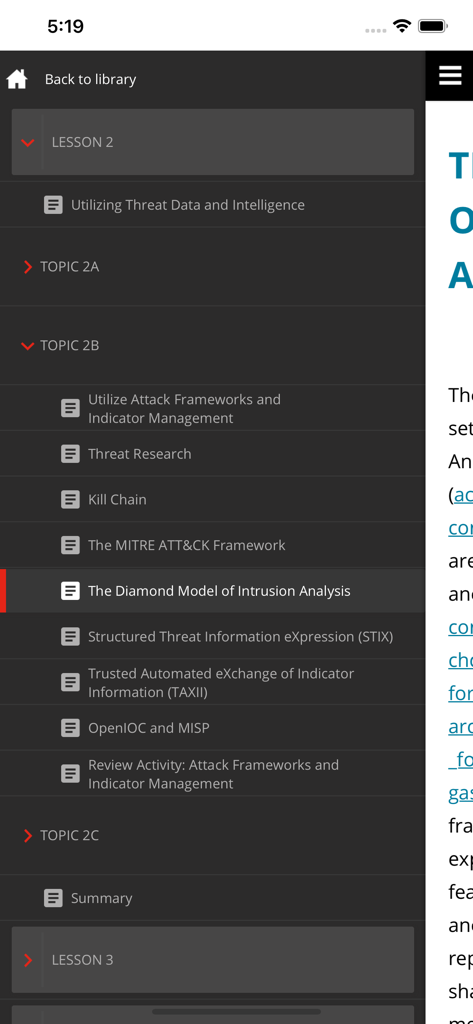 Table of contents menu in the CompTIA Self Paced eReader app showing lesson topics for IT security certification