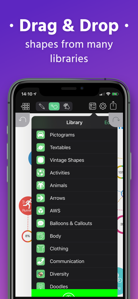 Pantalla de smartphone que muestra el extenso menú de bibliotecas de formas y plantillas en la aplicación Grafio 4.