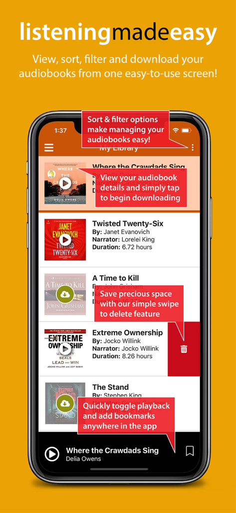 Interface of the AudiobookSTORE app showing a library of audiobooks with management and playback features.